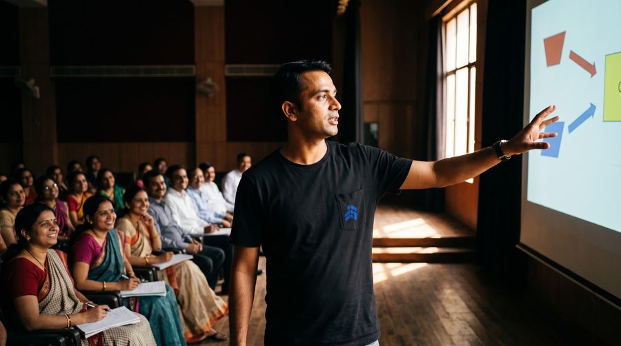 AI Vidyapeeth trainer in a black logo T-shirt pointing to a flowchart on a projector screen while teachers take notes in a school auditorium