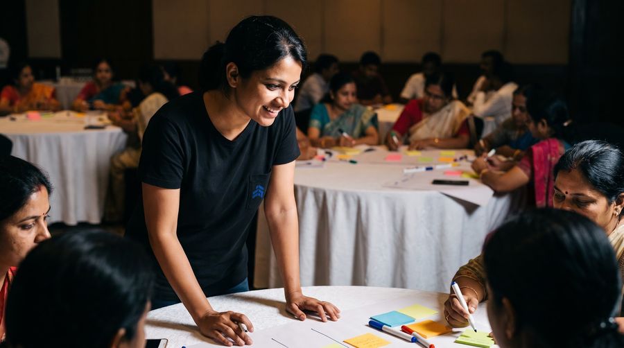 AI Vidyapeeth trainer leaning over a round table covered in sticky notes during a group activity with teachers in a conference hall