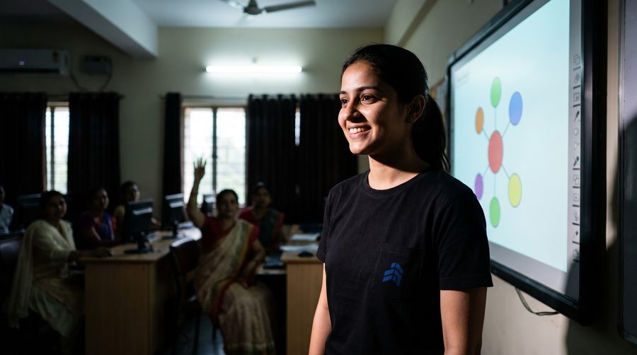 Smiling AI Vidyapeeth trainer beside a smart board showing a mind map in a computer lab while a teacher raises her hand