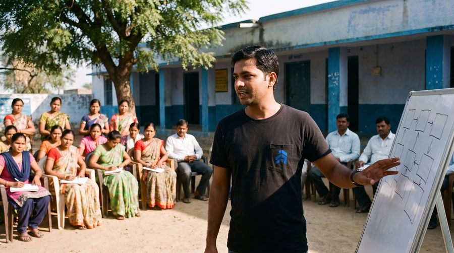 AI Vidyapeeth trainer explaining a diagram on a whiteboard to teachers seated under a neem tree in a village school courtyard